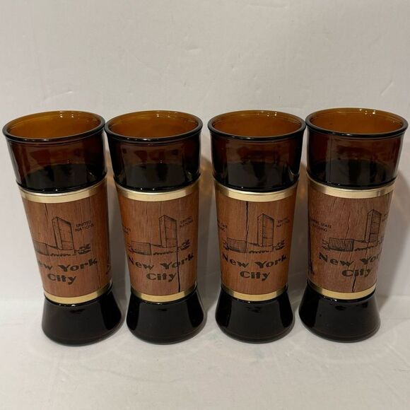Siesta Ware Other - Vintage Siesta Ware “New York City” Glasses – Set of 4 with Walnut Wood Jacket
